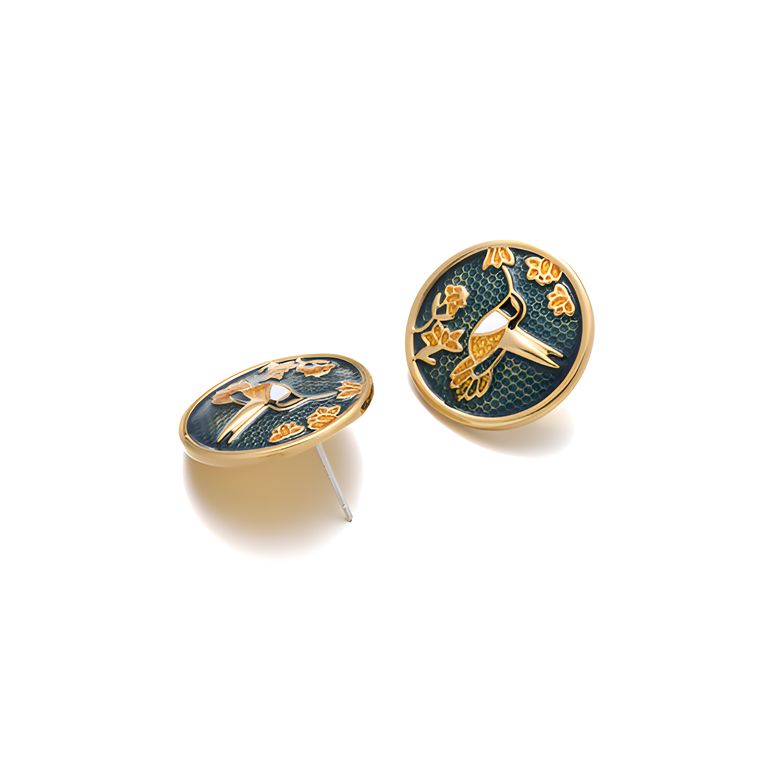 Lacquer Hummingbird Statement Stud Earrings in Gold Tone