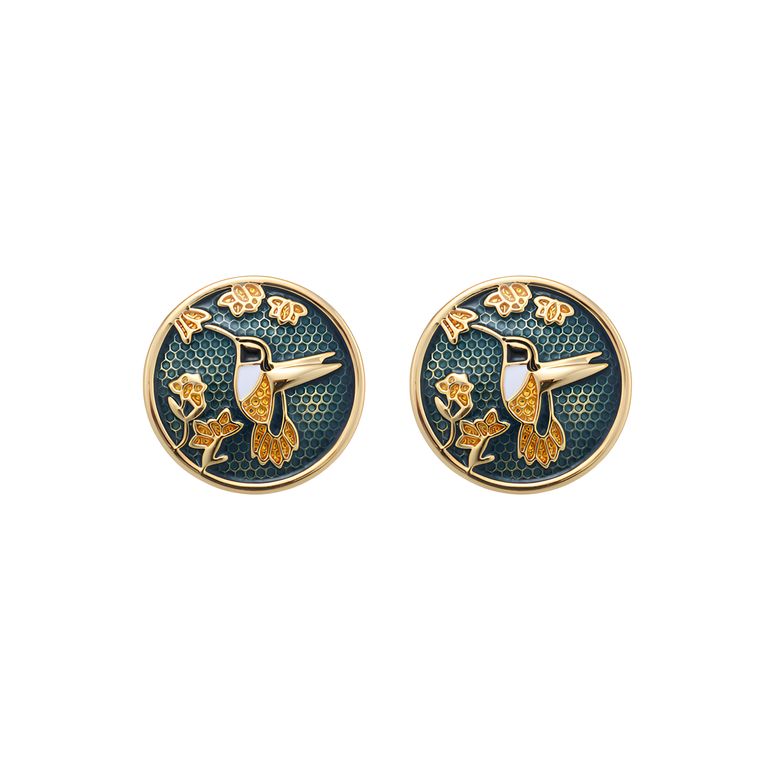 Lacquer Hummingbird Statement Stud Earrings in Gold Tone