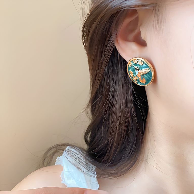 Lacquer Hummingbird Statement Stud Earrings in Gold Tone