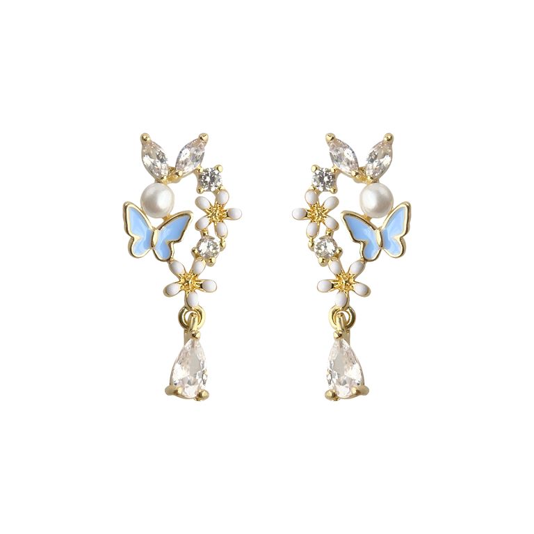 Mini Blue Butterfly Drop Earrings in Gold Tone
