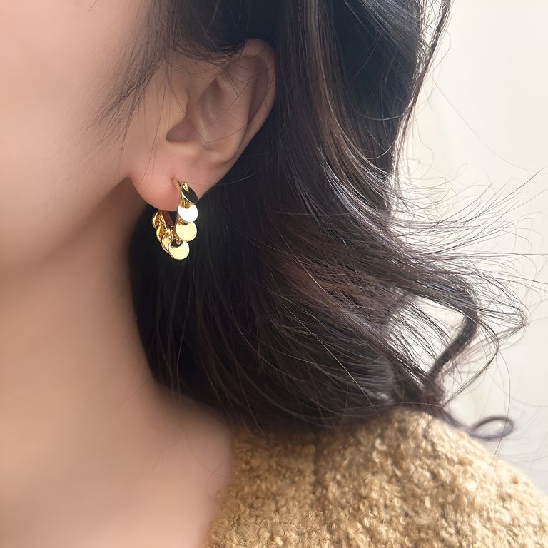 Mini Disc Tassel Hoop Earrings in Gold Tone