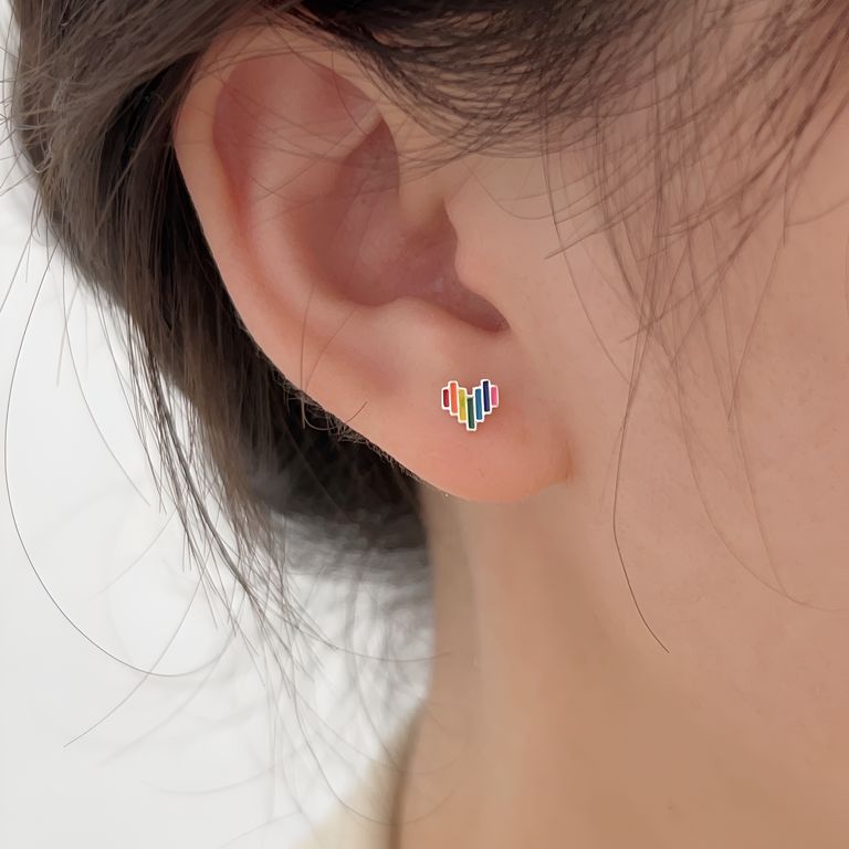 Mini Enamel Pride Heart Stud Earrings in Gold Tone