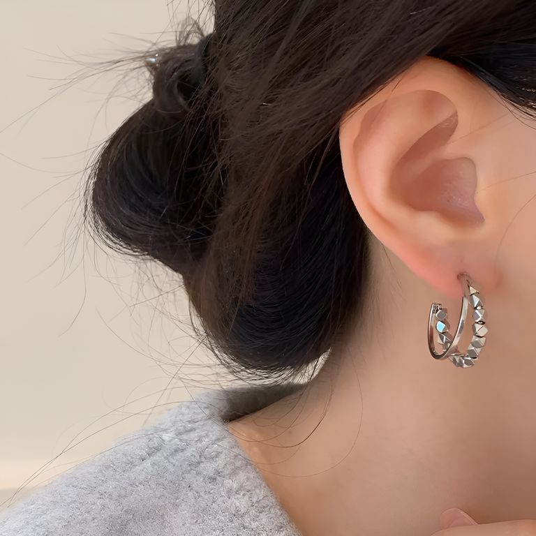 Mini Geometric Beads Hoop Earrings in Silver Tone