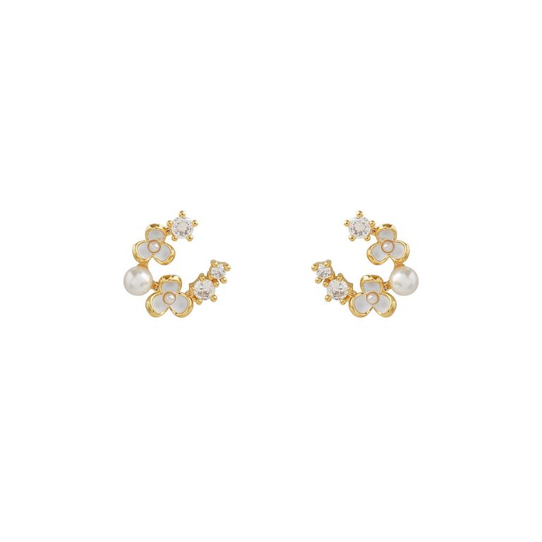 Mini White Flower Stud Earrings in Gold Tone
