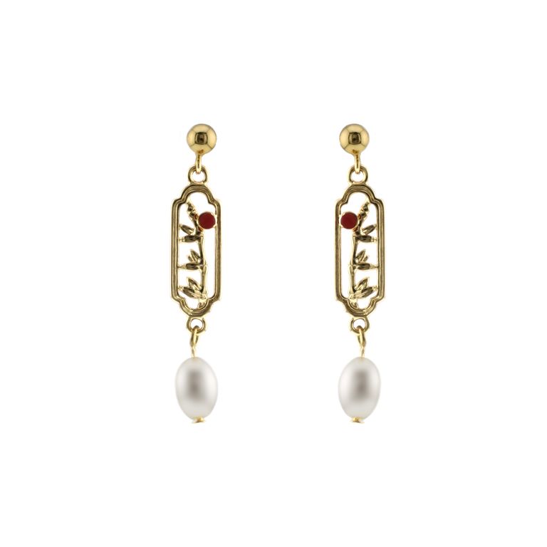 Oriental Bamboo Drop Earrings in Gold Tone