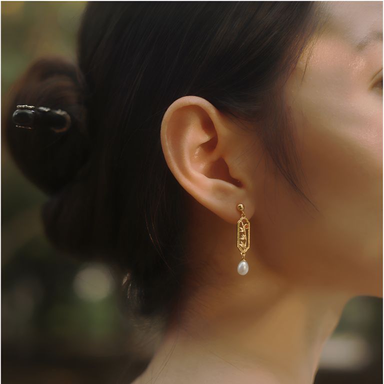 Oriental Bamboo Drop Earrings in Gold Tone