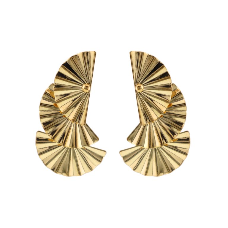 Oriental Fan Statement Earrings in Gold Tone