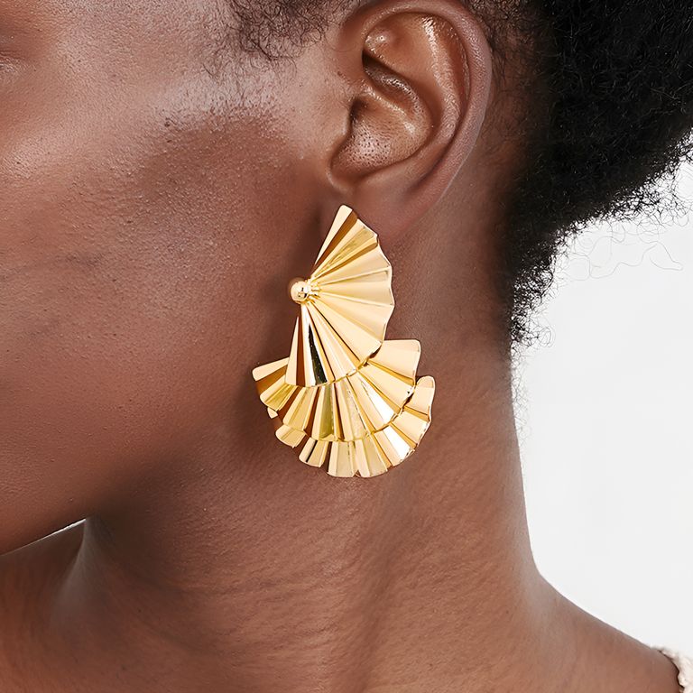 Oriental Fan Statement Earrings in Gold Tone