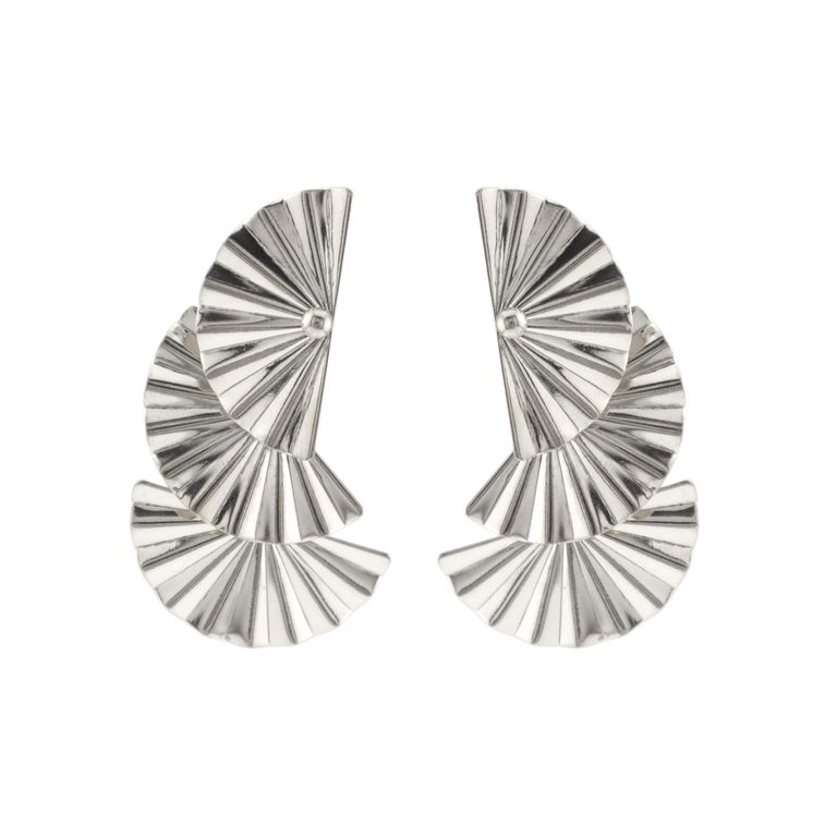 Oriental Fan Statement Earrings in Silver Tone