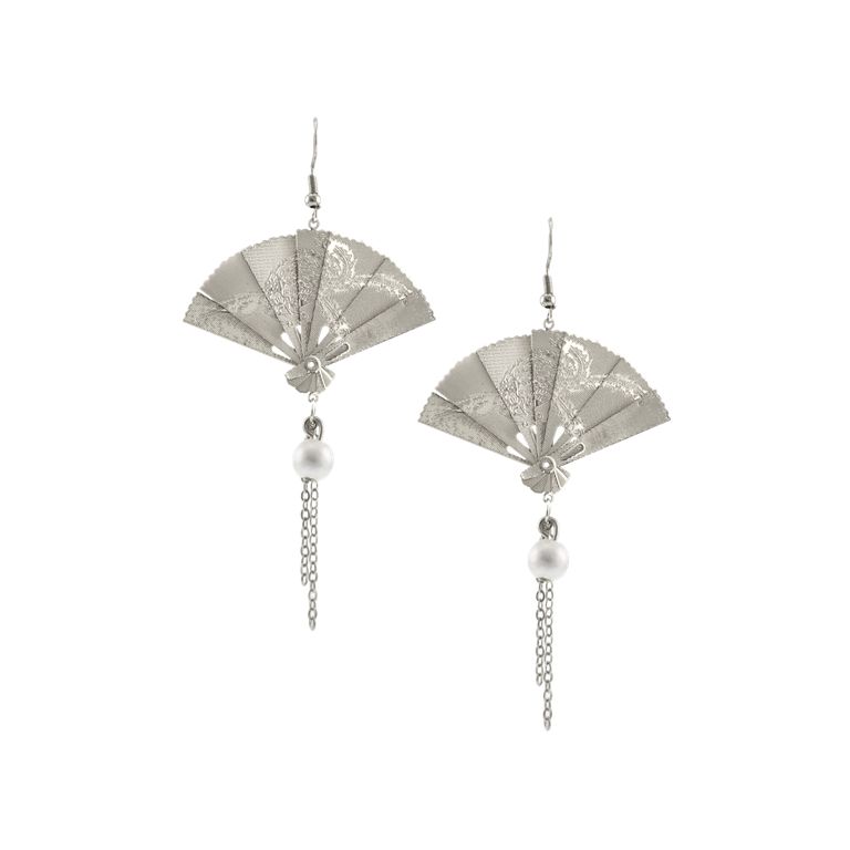 Oriental Fan Tassel Earrings in Silver Tone