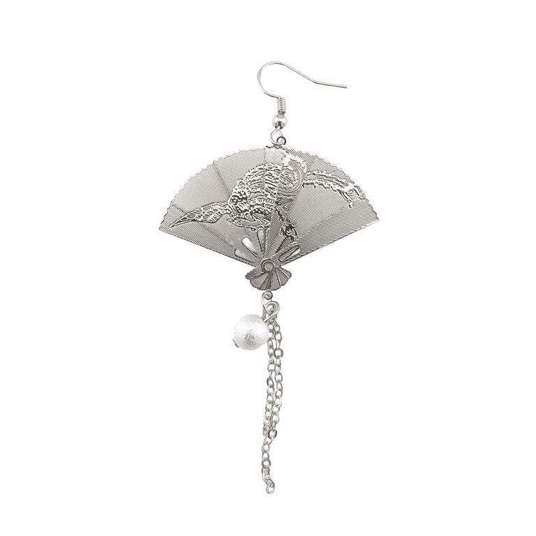 Oriental Fan Tassel Earrings in Silver Tone