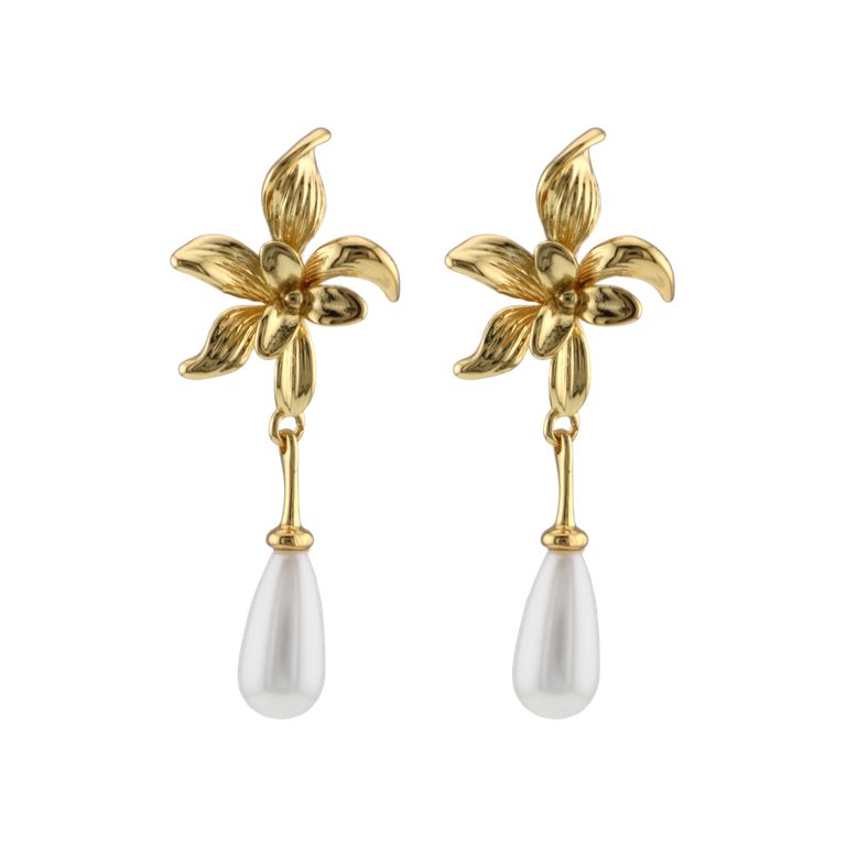 Pearl Bloom Drop Earrings in Gold Tone