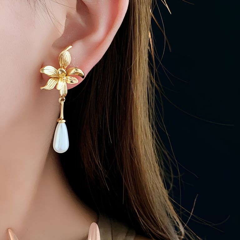 Pearl Bloom Drop Earrings in Gold Tone