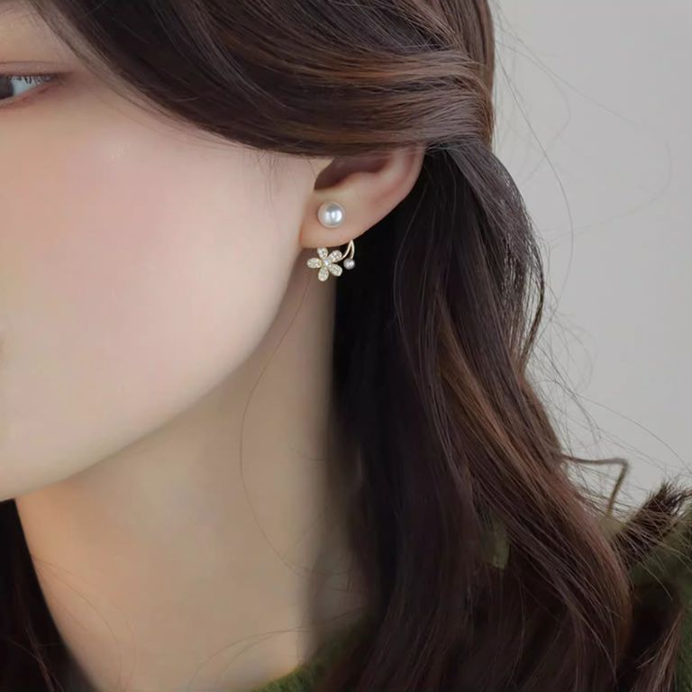 Pearl Blossom Ear Jackets in Gold Tone