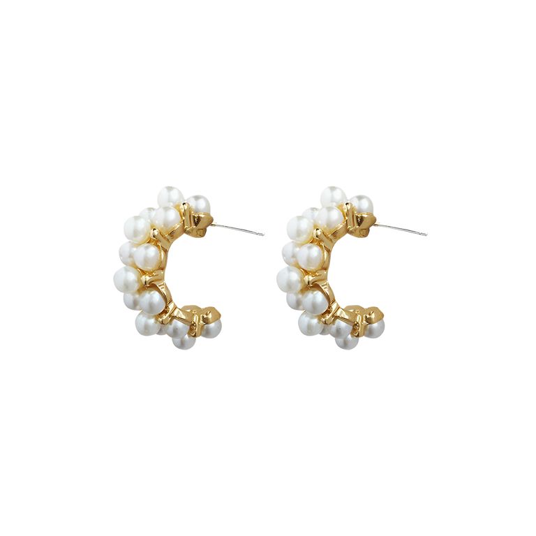 Pearl Cluster Hoop Earrings in Gold Tone