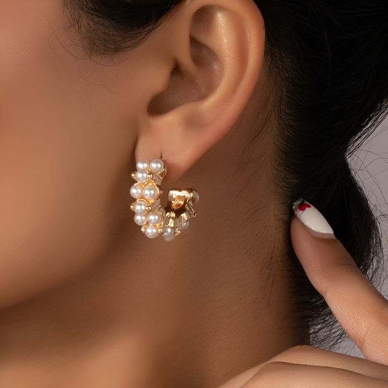 Pearl Cluster Hoop Earrings in Gold Tone