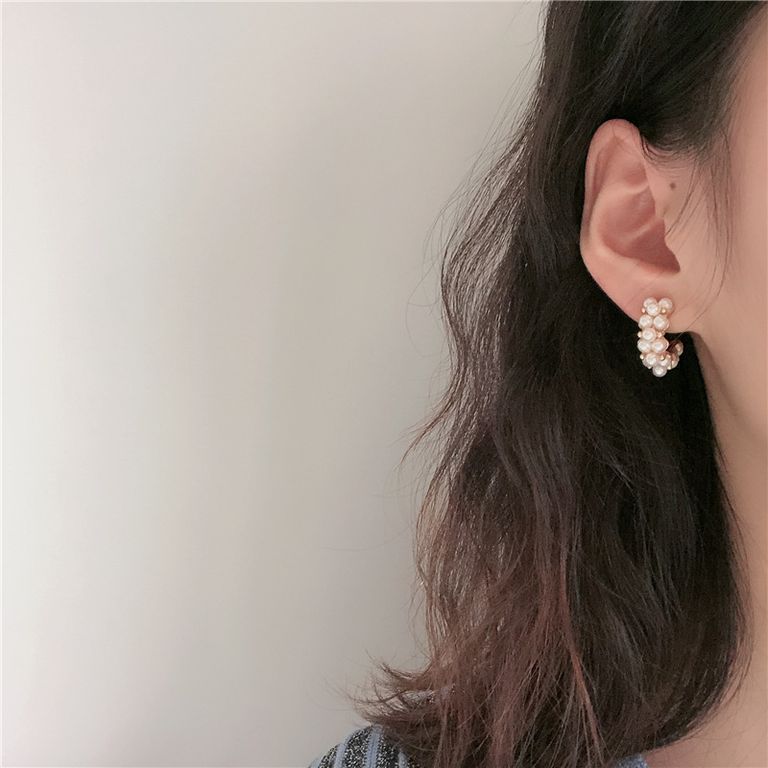 Pearl Cluster Hoop Earrings in Gold Tone