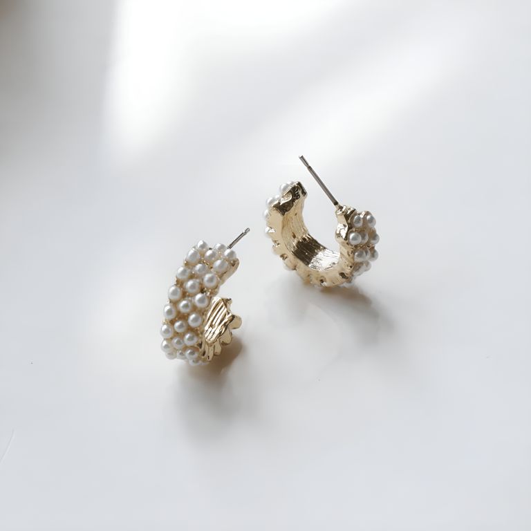 Pearl Cluster Hoop Earrings in Gold Tone