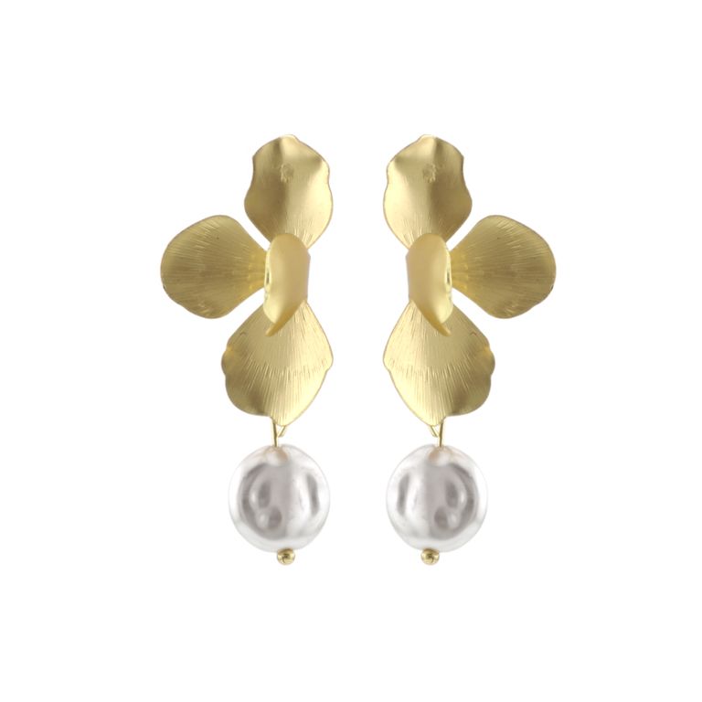 Pearl Floral Statement Earrings in Matte Gold Tone