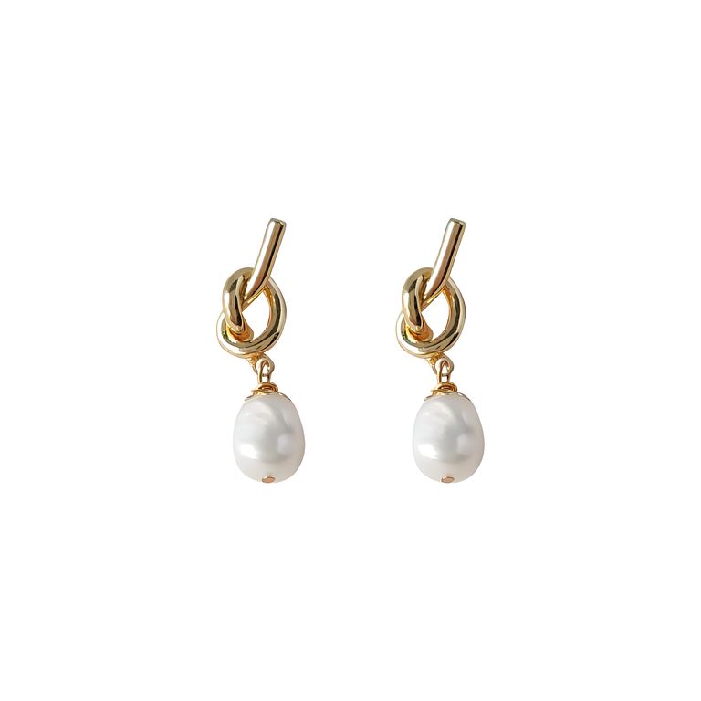Pearl Knot Drop Earrings in Gold Tone