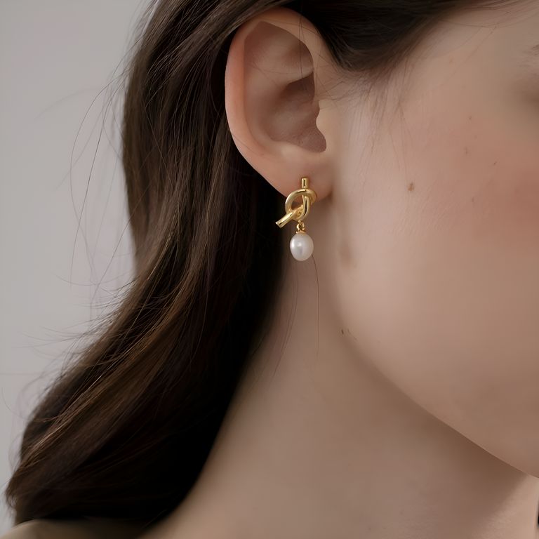 Pearl Knot Drop Earrings in Gold Tone