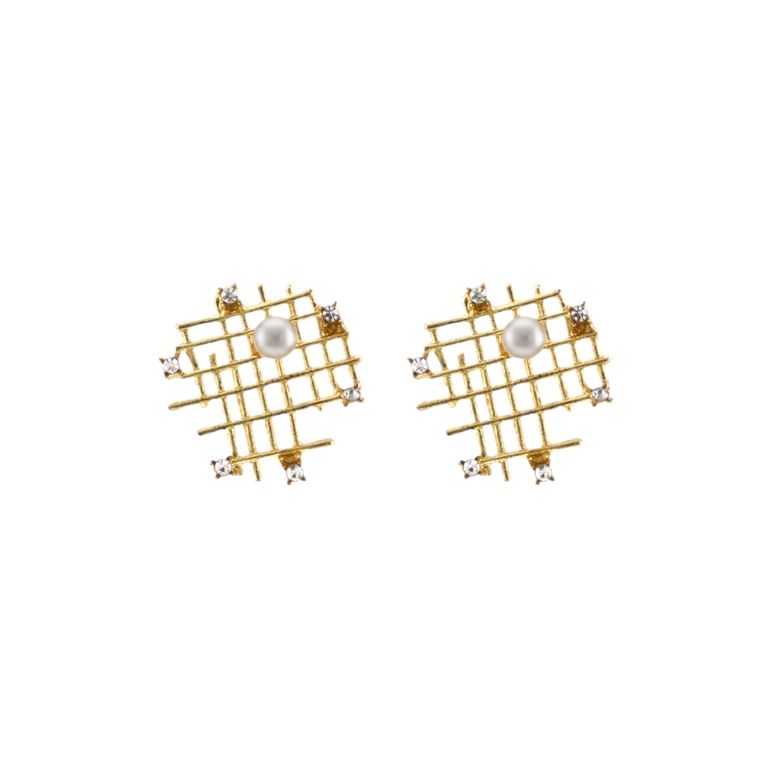 Pearl on Sparkling Grid Stud Earrings in Gold Tone