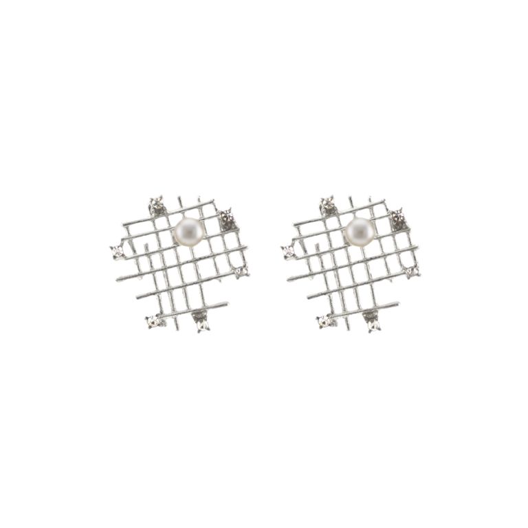 Pearl on Sparkling Grid Stud Earrings in Silver Tone