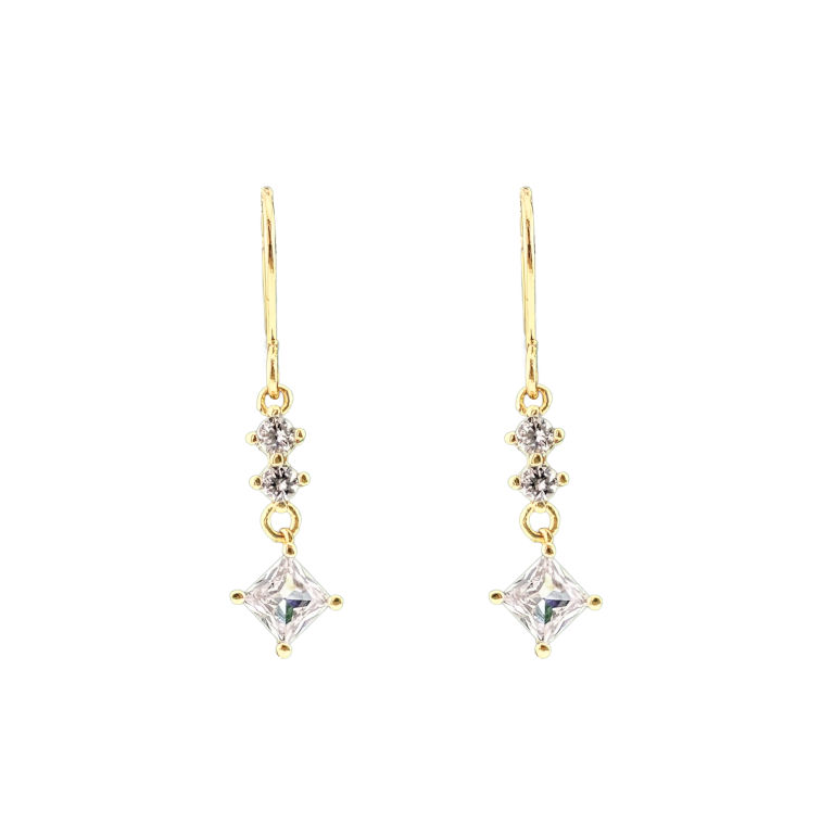 Princess Cut Crystal Hook Earrings in Gold Tone