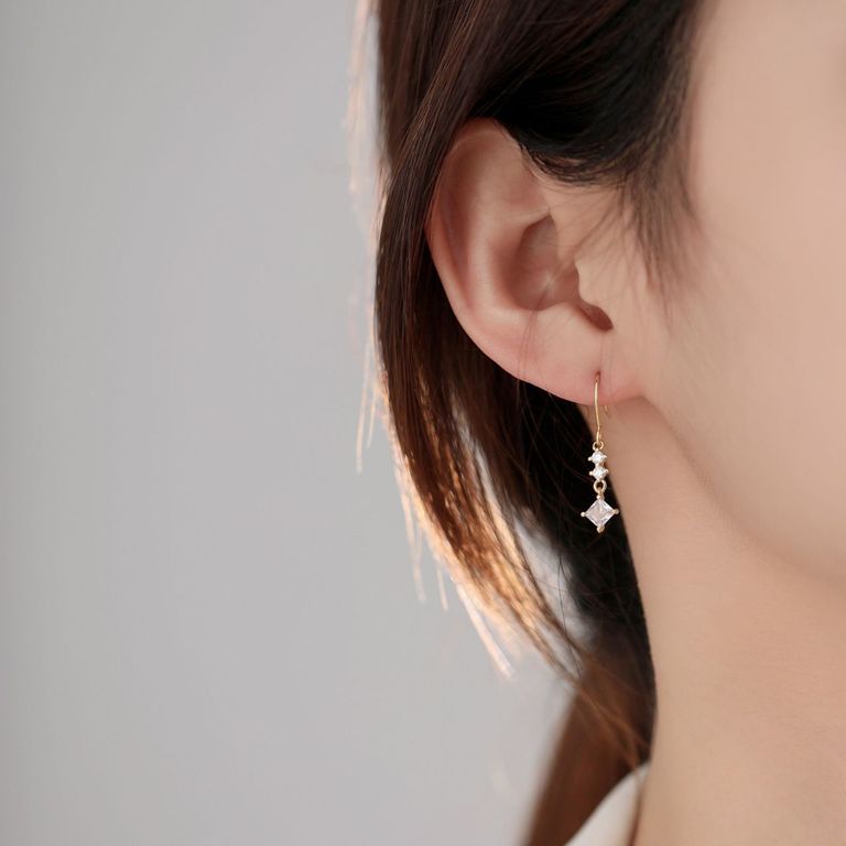 Princess Cut Crystal Hook Earrings in Gold Tone