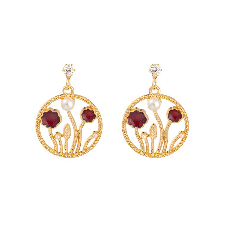 Red Carnation Drop Earrings in Gold Tone