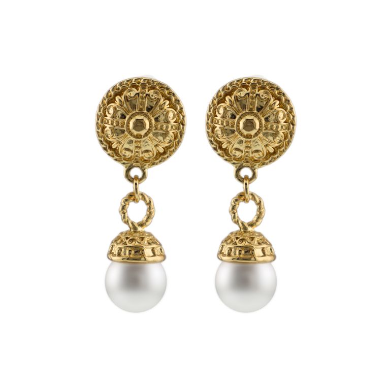 Roman Pearl Drop Earrings in Gold Tone
