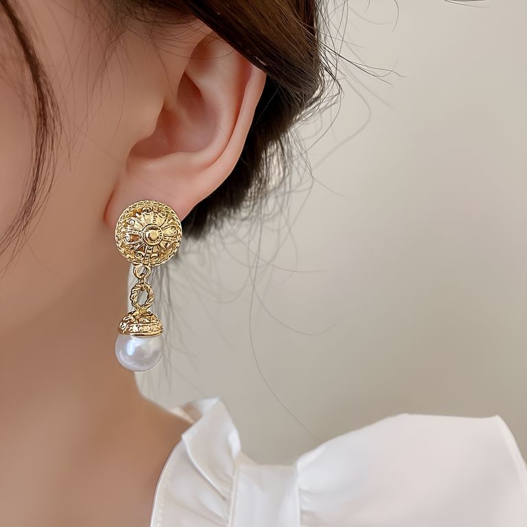 Roman Pearl Drop Earrings in Gold Tone