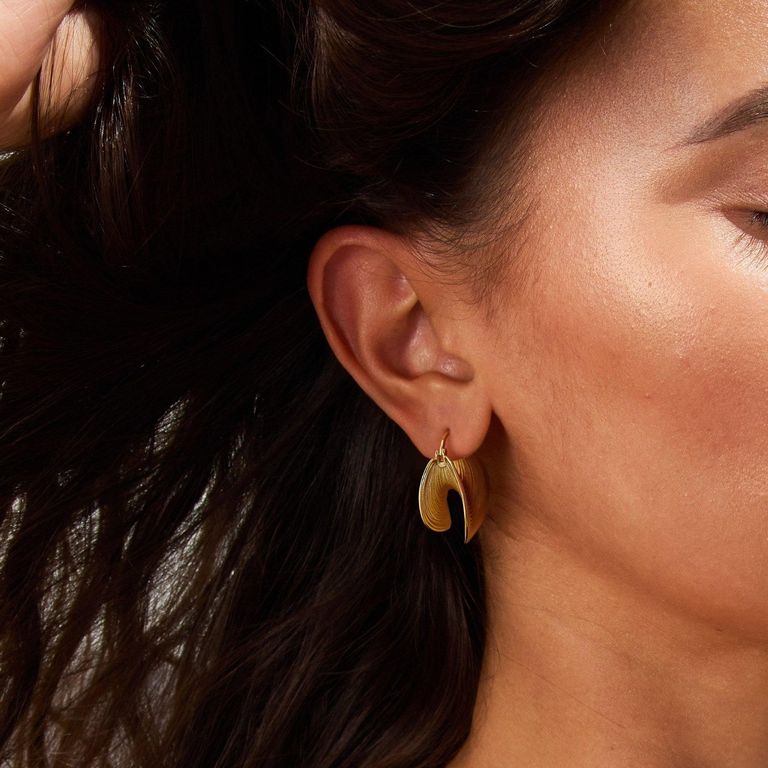 Striped Disk Huggie Earrings in Gold Tone