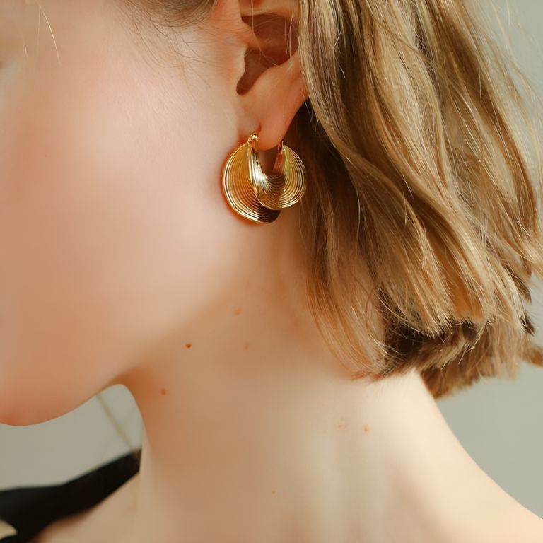Striped Disk Huggie Earrings in Gold Tone
