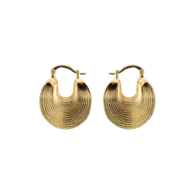 Striped Disk Huggie Earrings in Gold Tone