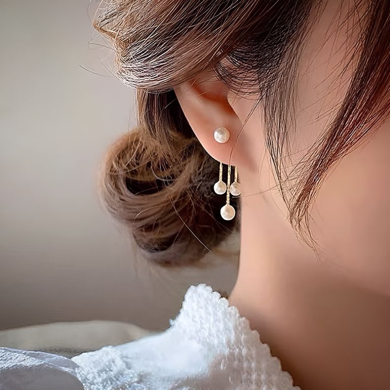 Trio Pearl Tassel Earrings in Gold Tone